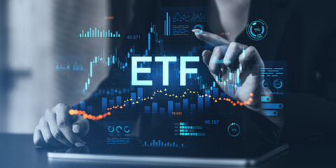 ETF investment data visualization with digital analytics interface on screen.