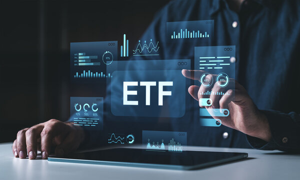 Digital ETF interface with futuristic financial data charts on dark background.