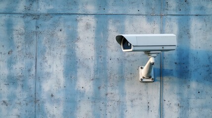 Surveillance camera mounted on weathered textured concrete wall, security concept