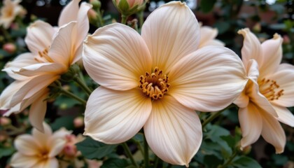 Fototapeta premium Delicate Peach Flower Blooming in a Lush Garden Surrounded by Green Foliage and Budding Blooms