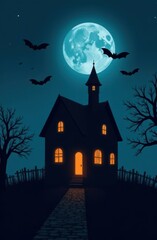 Haunted house with bats flying under full moon at night