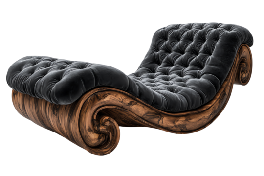 Unique vintage lounge chair with a tufted black cushion and curved wooden base.