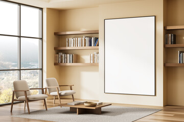 Modern interior reading corner with minimalist furniture, wooden shelves, and large blank canvas in cozy sunlight-filled room. 3D Rendering. 3D Rendering