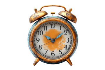 Vintage alarm clock with a distressed finish, isolated on white background.