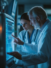 Older nurse and young intern reviewing digital patient chart on touchscreen monitor at nurse station, medical instruments in background. High-tech, human-centered care with cool blue and chrome tones