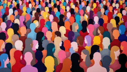 Diverse Crowd of Colorful Silhouettes Representing Unity and Community in a Vibrant Atmosphere