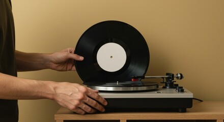 Close-up of a person placing a vinyl record on a turntable.