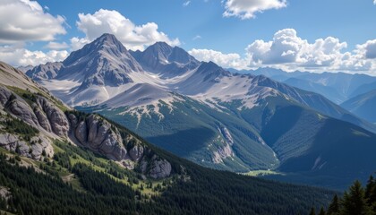 Dramatic Mountain Range Surrounded by Lush Green Forest and Clear Blue Sky with Clouds