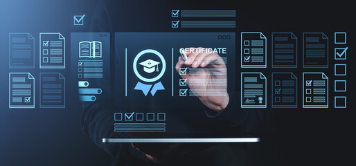 Digital certification interface with hand writing on transparent screen concept.