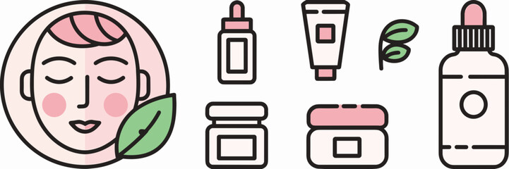 Fototapeta premium Vector sheet icon of skin-care essentials with clean face – Featuring skincare products like serum, cream, moisturizer, and toner