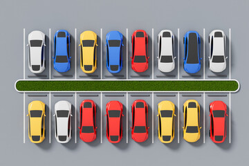 Top view of colorful cars parked in a symmetrical parking lot with a green divider on a gray background. 3D Rendering