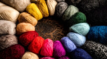 of knitting yarn balls arranged in a rainbow spiral
