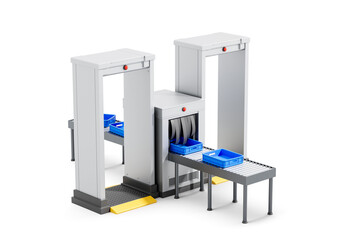 Airport security checkpoint with conveyor belt scanner and metal detector gates on white background. Modern safety inspection concept setup. 3D Rendering