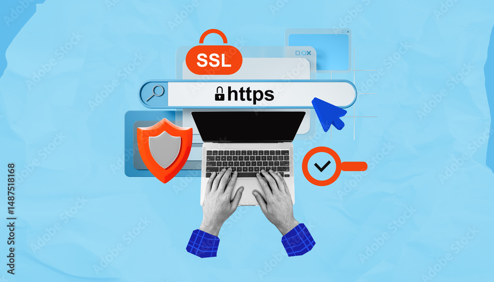 Poster cybersecurity web browsing concept with ssl and https protection symbols on blue.