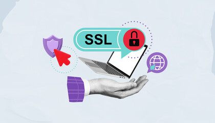 SSL security concept with laptop, lock, and shield on abstract background.