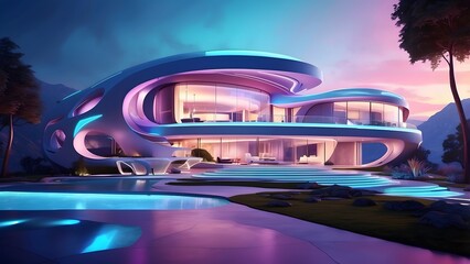 Naklejka premium A glowing futuristic mansion that uses vibrant holographic lighting for sustainability, Cinematic theme, HDR, Vibrant