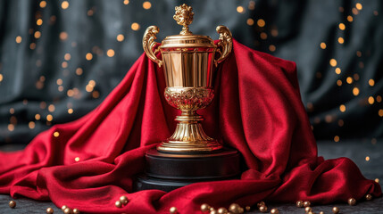 Golden Trophy on Elegant Red Fabric with Dazzling Background