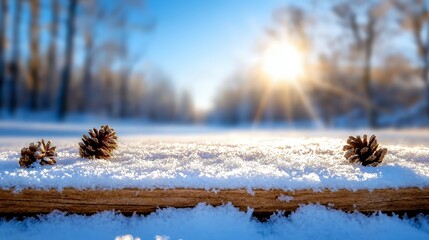 Pine Cones on Snowy Log in Winter Scene