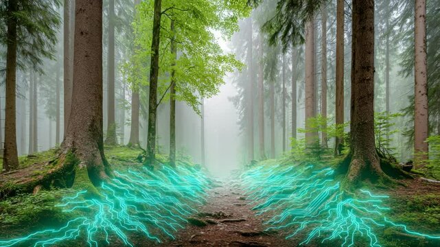 Glowing root system Networked roots in a misty forest The mysterious atmosphere is enhanced by fog drifting through the tall pine trees, suggesting a fusion of nature and technology.