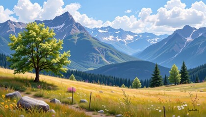 Expansive Mountain Landscape with Vibrant Meadow and Tall Trees Under a Bright Blue Sky