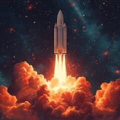 Pixel Art Rocket Launch Fiery Ascent Through Starry Night