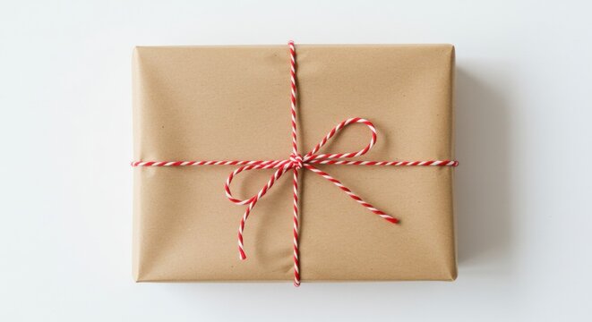 Simple brown wrapped gift with red and white twine on white background