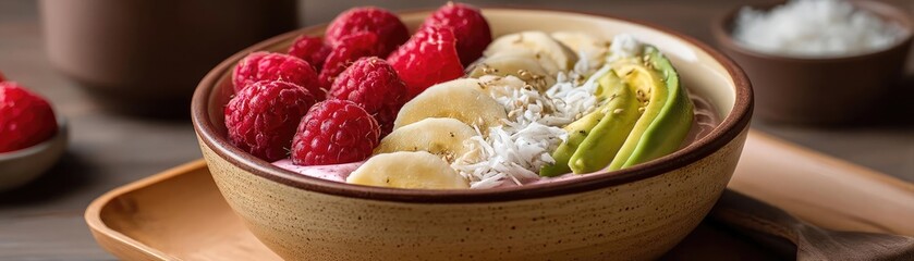 Healthy smoothie bowl with raspberries banana and coconut concept. A vibrant smoothie bowl topped with fresh fruits and coconut.
