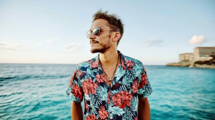 A man in a Hawaiian shirt and sunglasses stands by the ocean, looking out at the horizon on a sunny day. The serene seascape provides a calm backdrop.