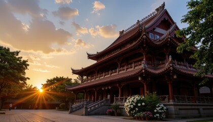 Historic Temple Surrounded by Lush Trees and Colorful Flowers at Sunset with Vibrant Sky