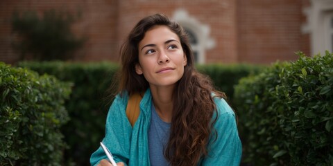 Thoughtful hispanic student with long wavy hair sitting outdoors with a notebook for study inspiration