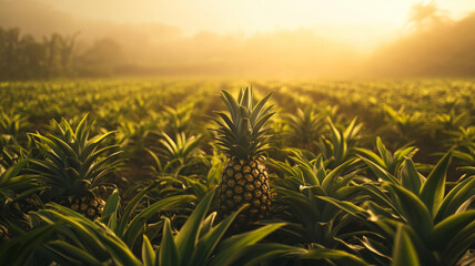 Sunrise over a pineapple field with misty atmosphere and lush green tropical farm plants