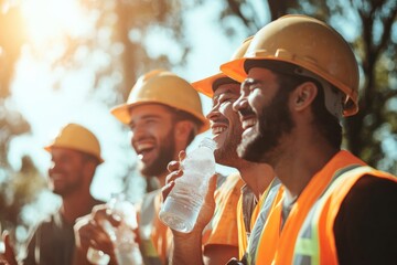A group of diverse construction workers laughing and taking a break, drinking water and wiping sweat under the sun, clean and professional composition, copy space, natural color, stock photography