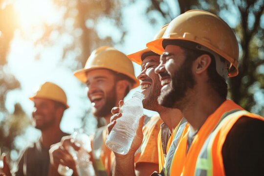 A group of diverse construction workers laughing and taking a break, drinking water and wiping sweat under the sun, clean and professional composition, copy space, natural color, stock photography