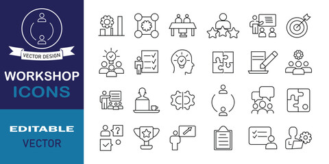 Workshop icon set. Collaboration, teamwork, meeting, managing, coaching, partnership, goals, problem-solving, education and more outline icons. Business workshop icons for web and mobile app.