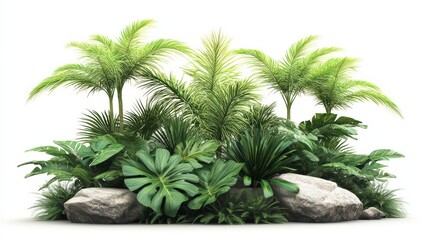 Obraz premium Tropical Foliage Arrangement with Palm Trees and Decorative Rocks for Interior