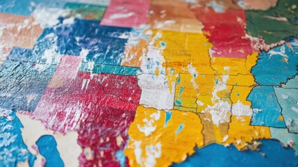 Naklejka premium Vintage Worn USA Map: A Colorful, Textured Look at American Geography