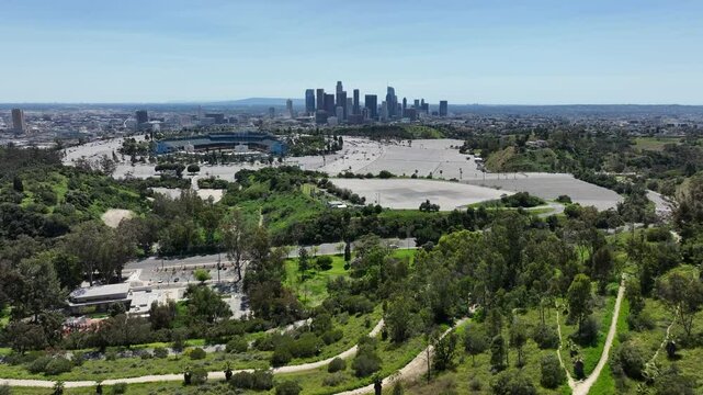 Los Angeles Downtown from Elysian Park Dodgers Stadium Aerial Shot R in California USA