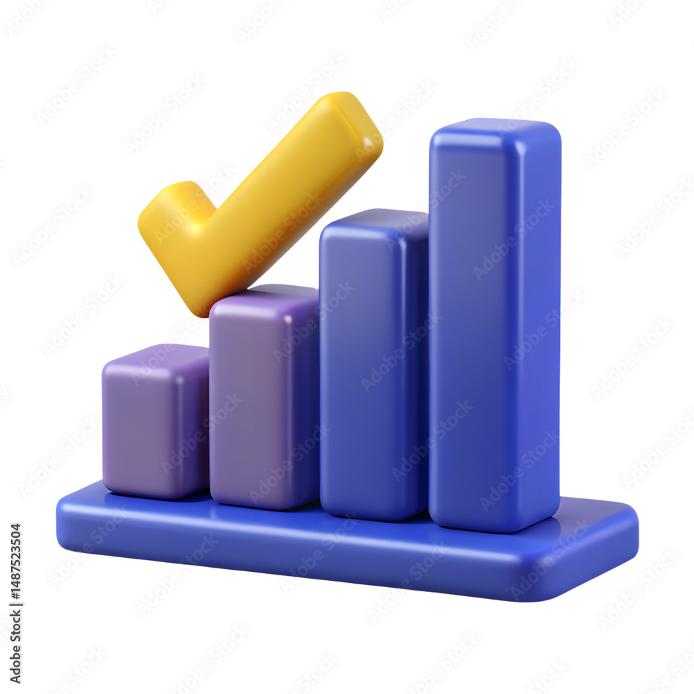 Poster growing business success demonstrated with 3d bar graph chart and check mark symbol high quality 3d 