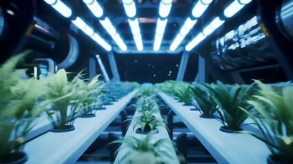 Indoor Hydroponic Farm with Rows of Plants Under Bright Lights in a Spaceship Cultivation - Powered by Adobe