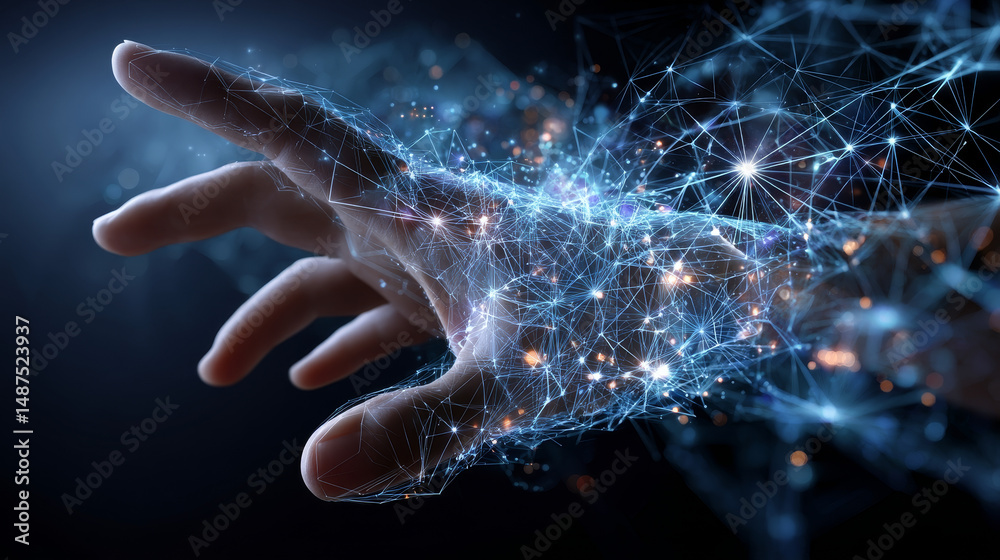 Poster hand touching global network connection and data from lines, triangles and particle style design. il