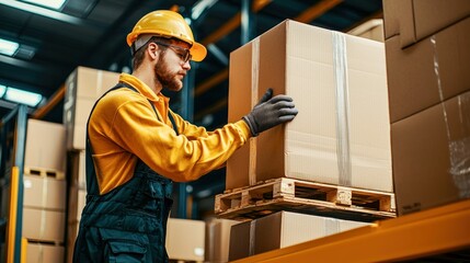 A warehouse worker carefully places a cardboard box on a pallet, ensuring secure placement for efficient logistics and storage.