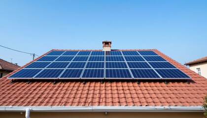Rooftop Solar Panels Harnessing Renewable Energy Under Clear Blue Sky