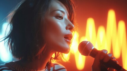 Fototapeta premium A beautiful singer performing with passion, highlighted by stage lighting and holding a microphone. Capturing a moment of musical expression.
