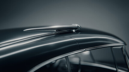 Close-up view of a vintage car's hood ornament showcasing classic design elements.