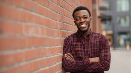 Obraz premium Confident young man smiling outdoors in urban setting for lifestyle and fashion concepts