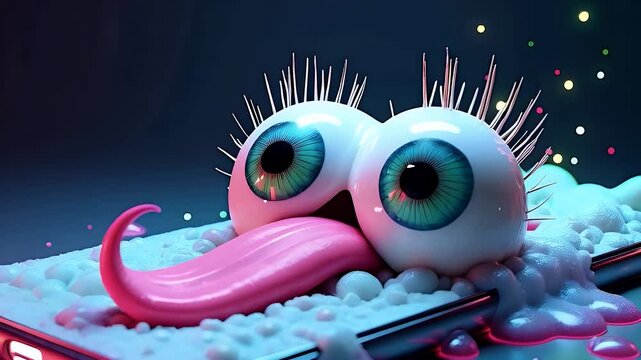 A melting smartphone with eyeballs and tongue sticking out, drooling over infinite notifications &mdash; a psychedelic satire on screen addiction and FOMO.

