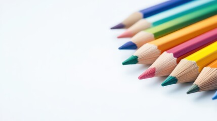 Fototapeta premium Vibrant array of colored pencils arranged diagonally on a clean white backdrop