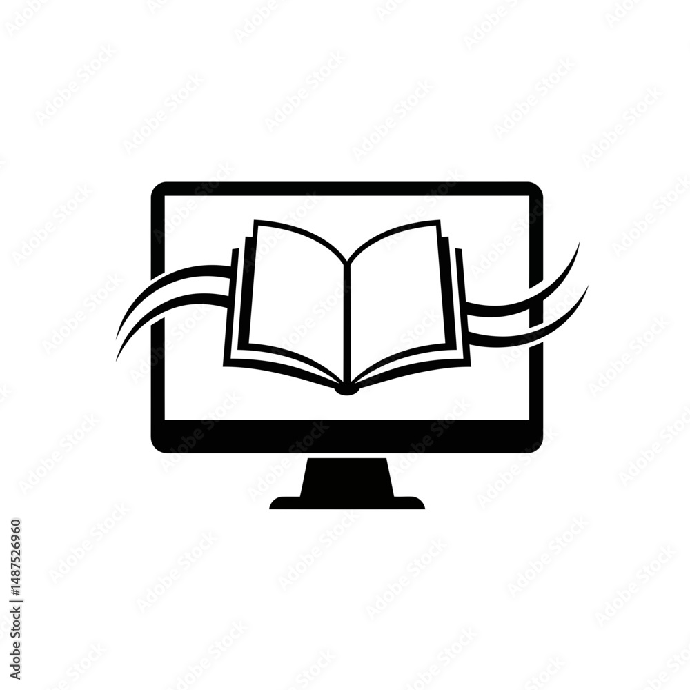 Poster digital reading: a stylized image of an open book superimposed upon a computer monitor, with gracefu