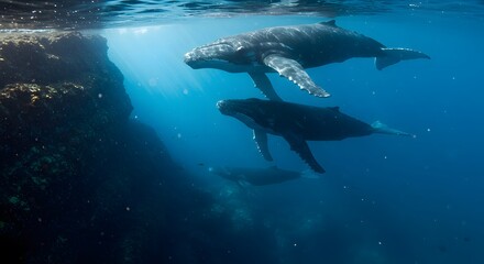 Majestic Humpback Whales Gracefully Glide Through Crystal-Clear Ocean Waters