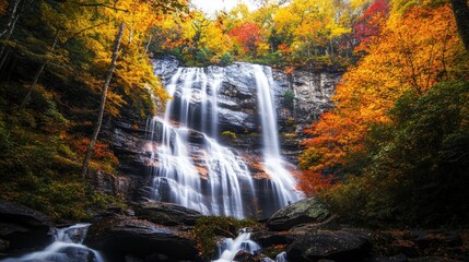 Fototapeta premium Autumnal waterfall cascading down a rocky face.